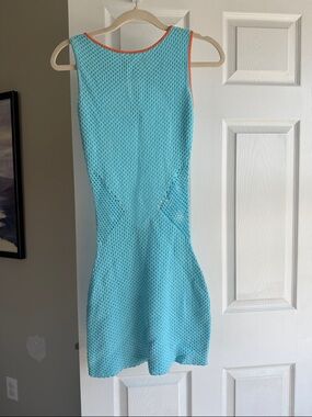 Sleeveless Aqua Knit Mini Dress with orange Trim